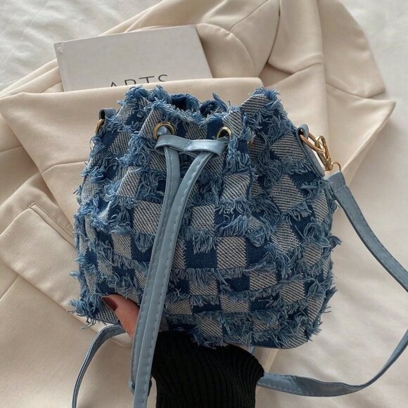 Blue Fashionable Women's Checkered Diamond-Shaped Shoulder Bucket Bag - Picture 9 of 10